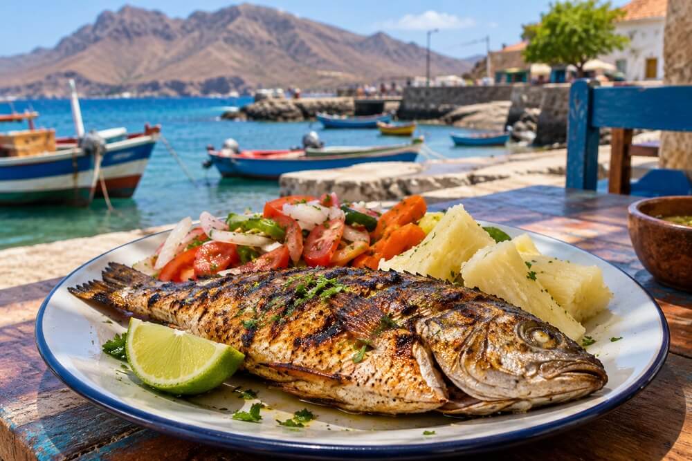 Grillowana ryba z warzywami w restauracji na Cabo Verde
