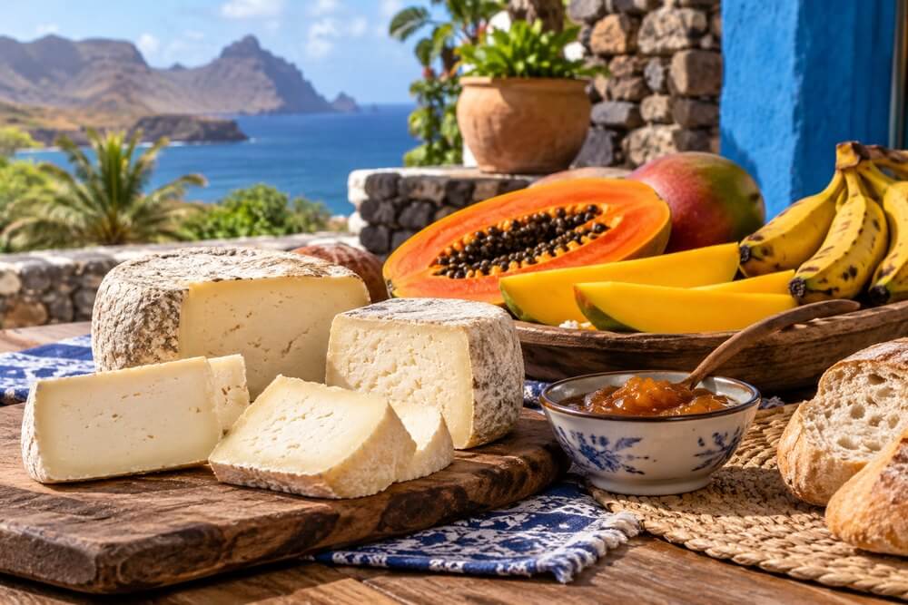 Kozi ser i owoce na lokalnym stole Cabo Verde