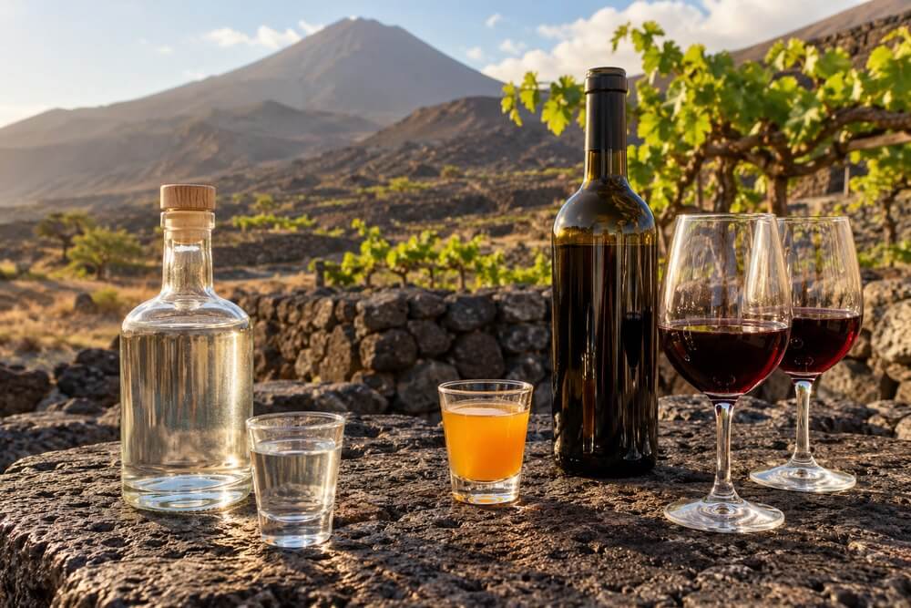Grogue i wino z Fogo na tle wulkanicznej winnicy