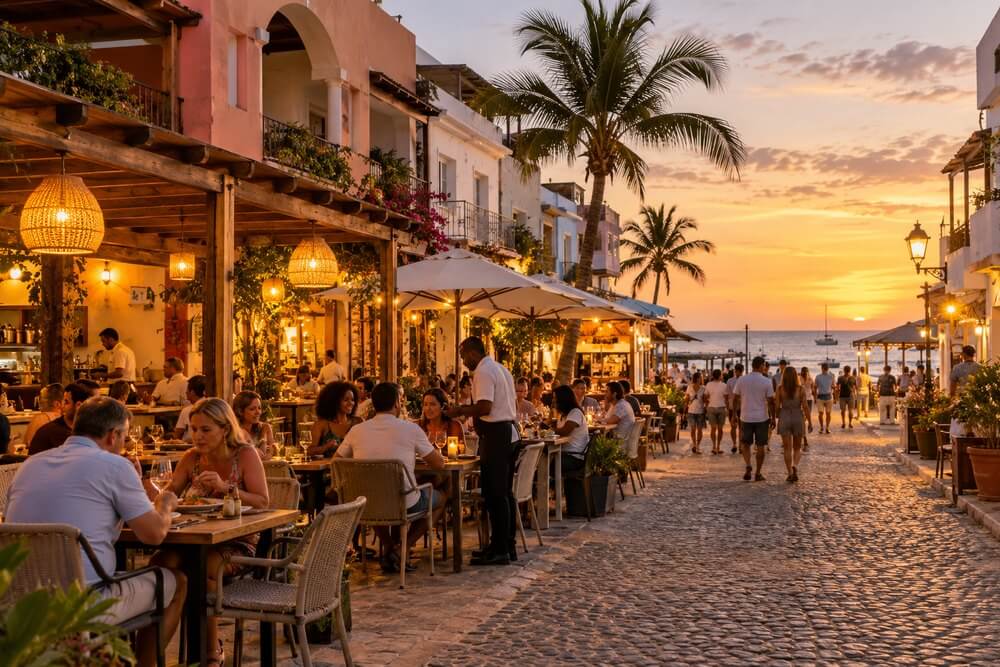 Restauracyjne stoliki wieczorem w Santa Maria na Sal